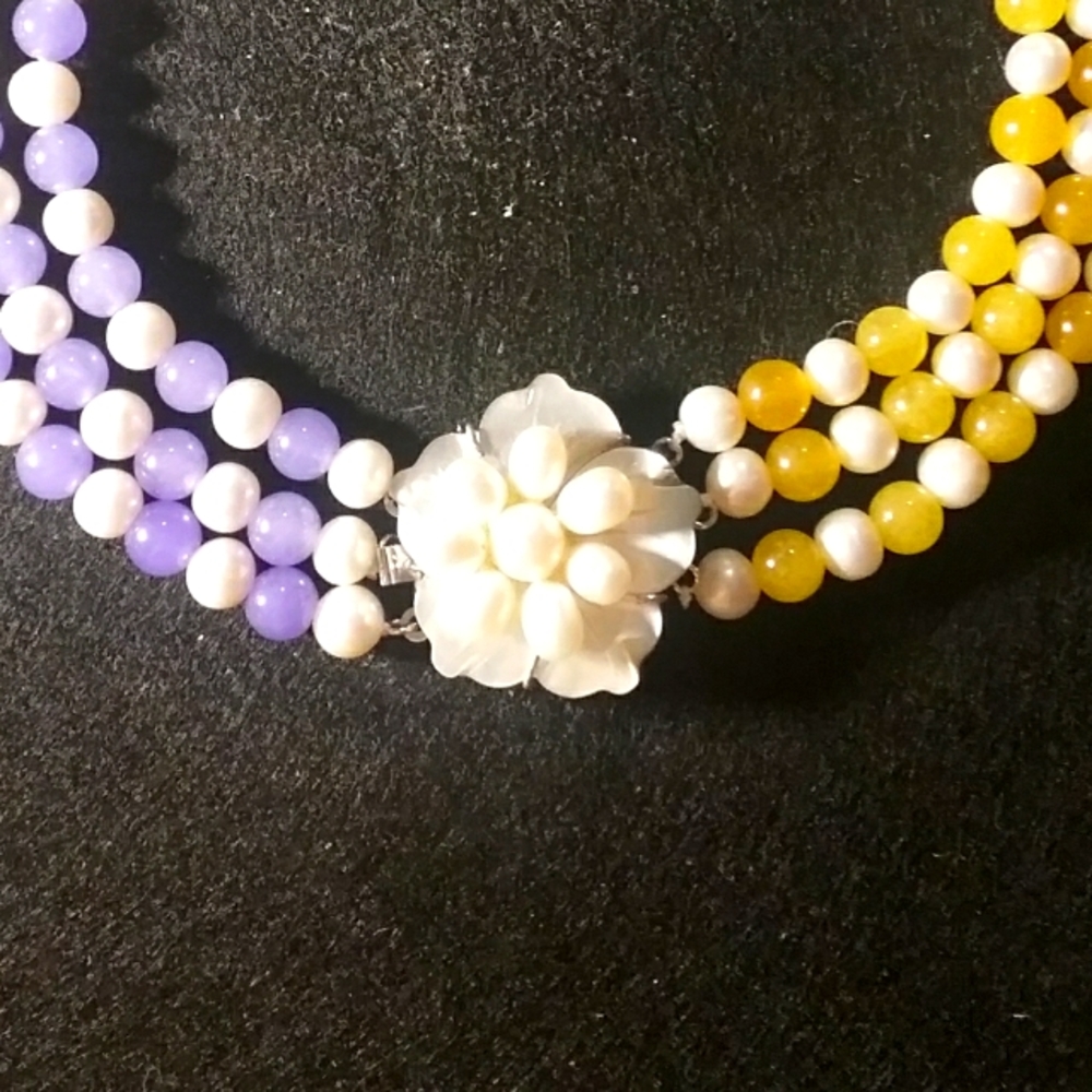 Genuine Jade & Genuine Pearls And Genuine Hand Carved Mother Of Pearl Necklace